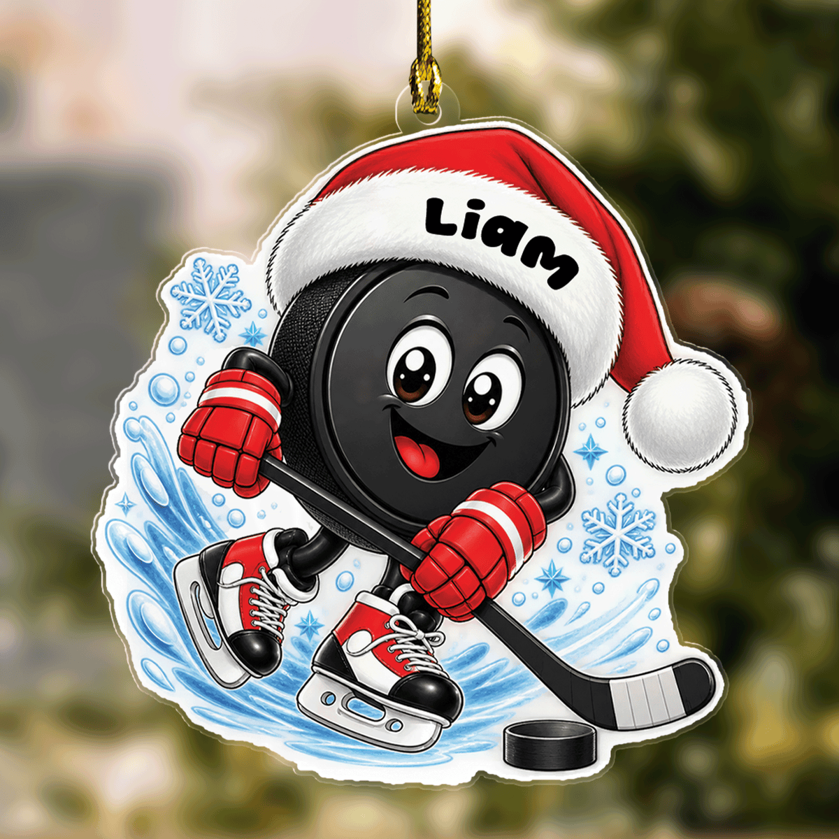 Personalized Hockey Puck Santa Hat acrylic Christmas ornament with custom name