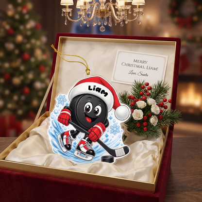 Personalized Hockey Puck Santa Hat acrylic Christmas ornament, view 2