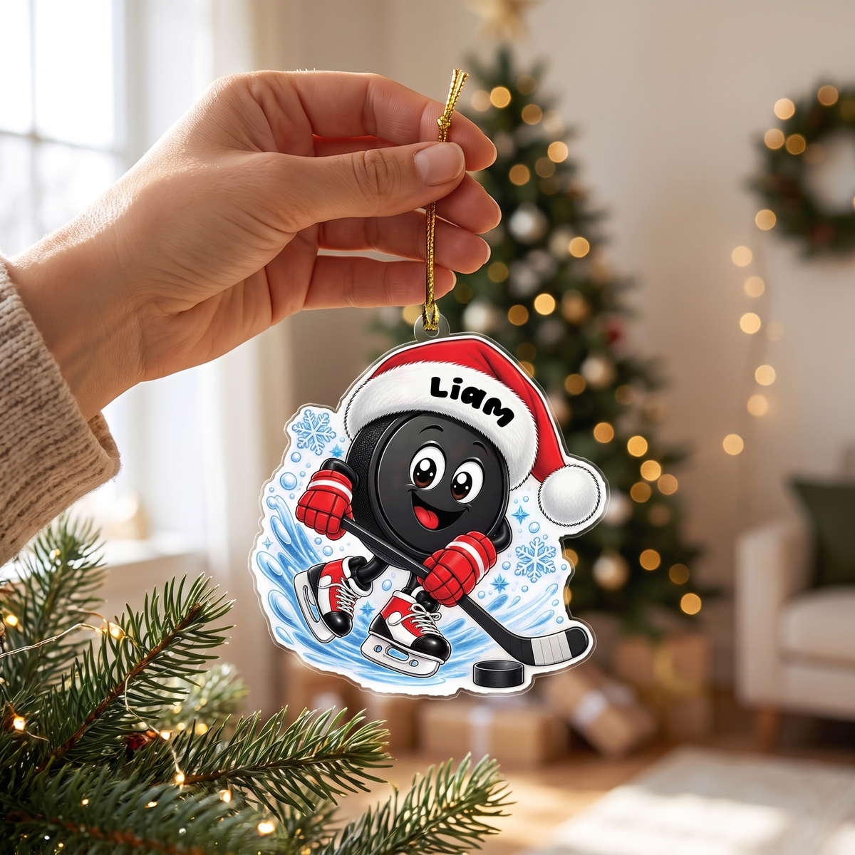 Personalized Hockey Puck Santa Hat acrylic Christmas ornament, view 3