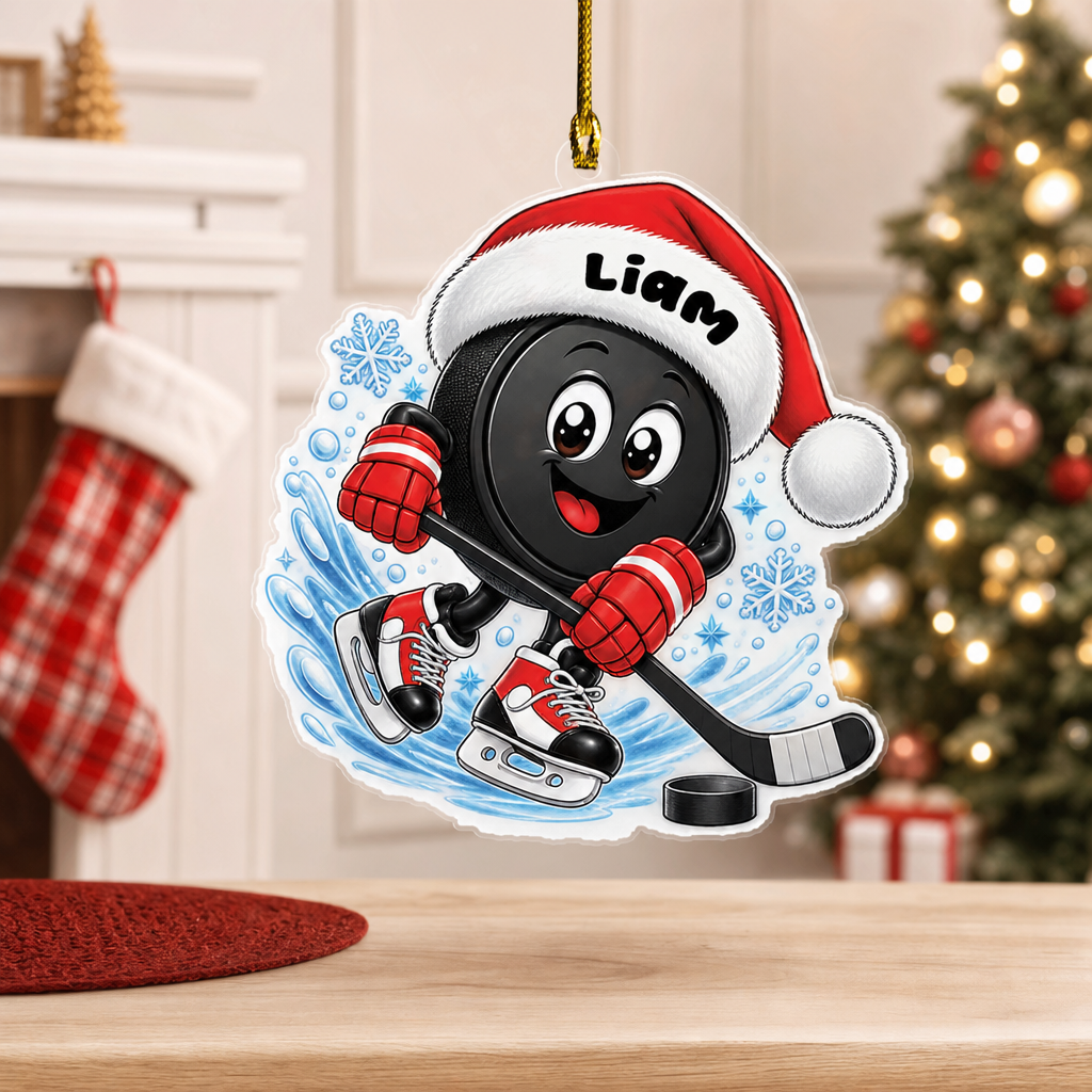 Personalized Hockey Puck Santa Hat acrylic Christmas ornament, view 4
