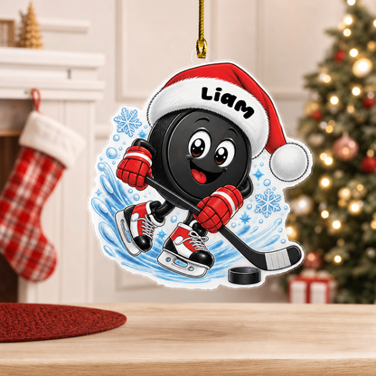 Personalized Hockey Puck Santa Hat acrylic Christmas ornament, view 4