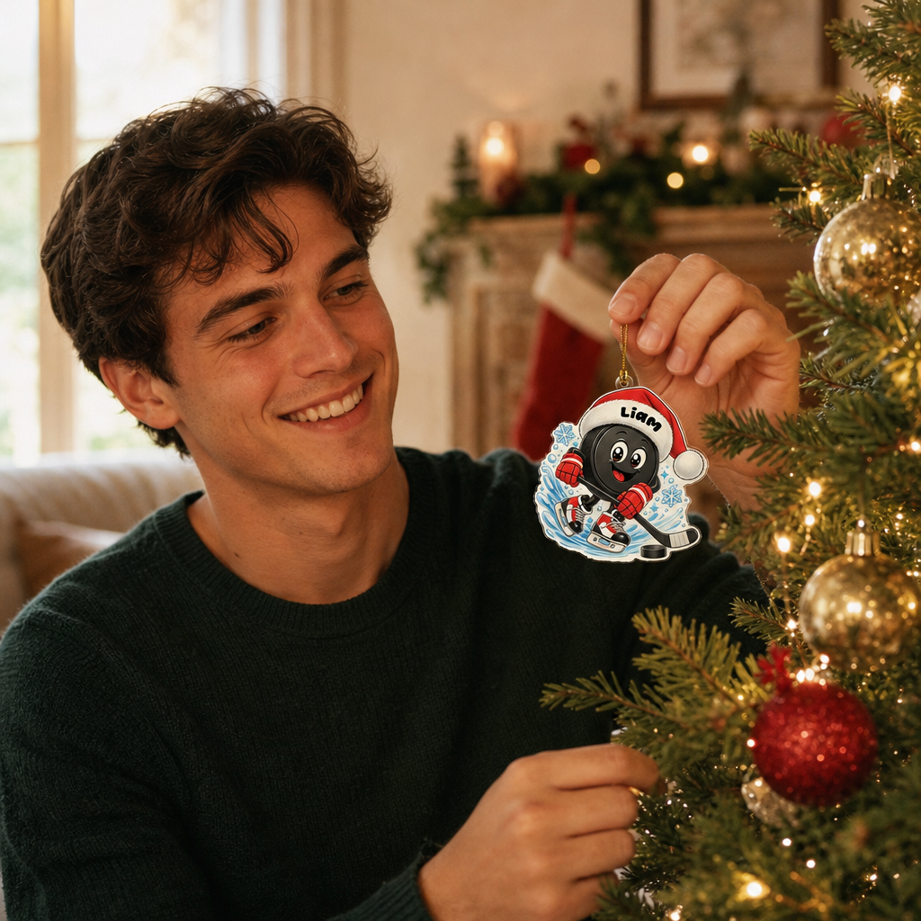 Personalized Hockey Puck Santa Hat acrylic Christmas ornament, view 5