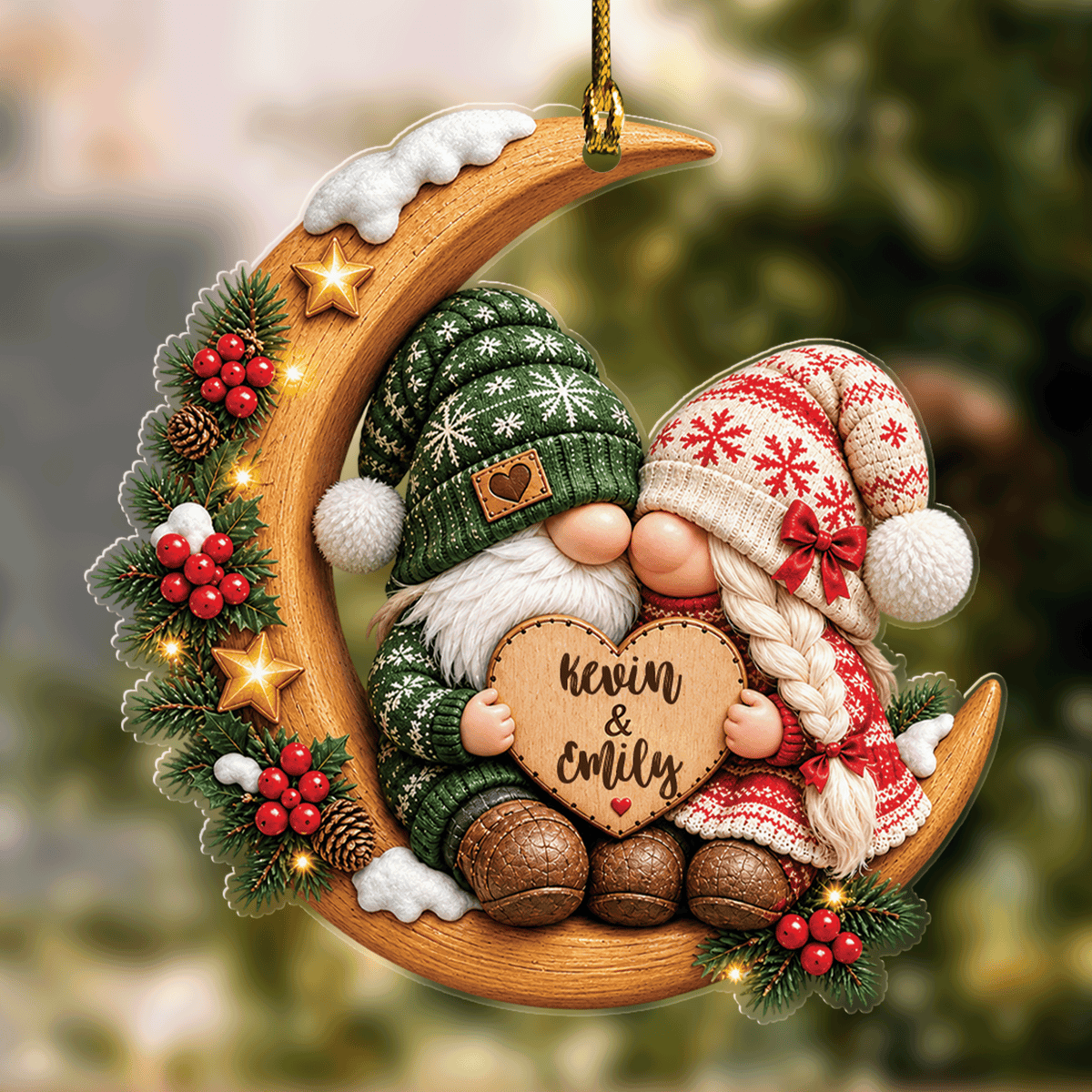 Personalized Gnome Couple Moon acrylic Christmas ornament with custom name