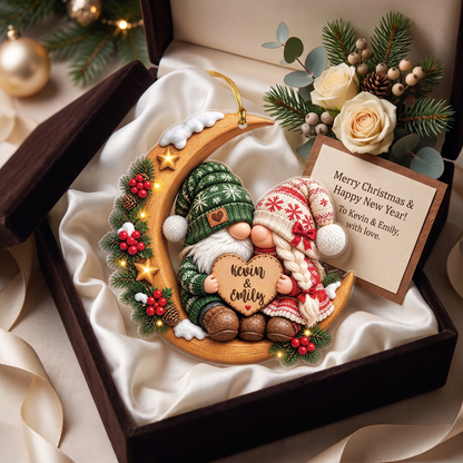 Personalized Gnome Couple Moon acrylic Christmas ornament, view 2