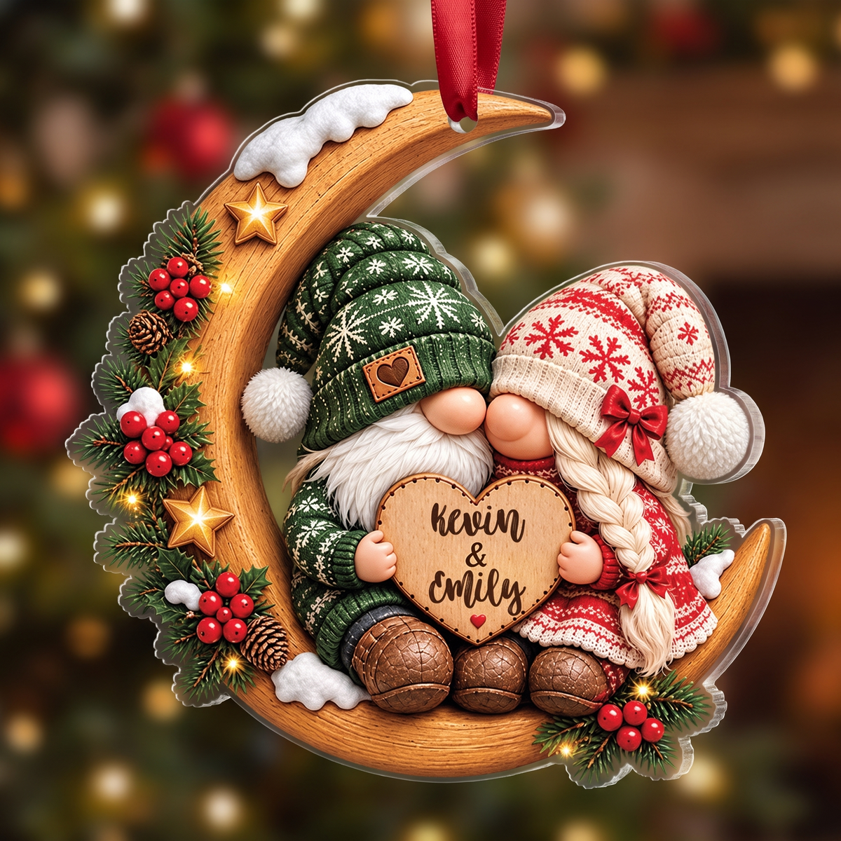 Personalized Gnome Couple Moon acrylic Christmas ornament, view 3
