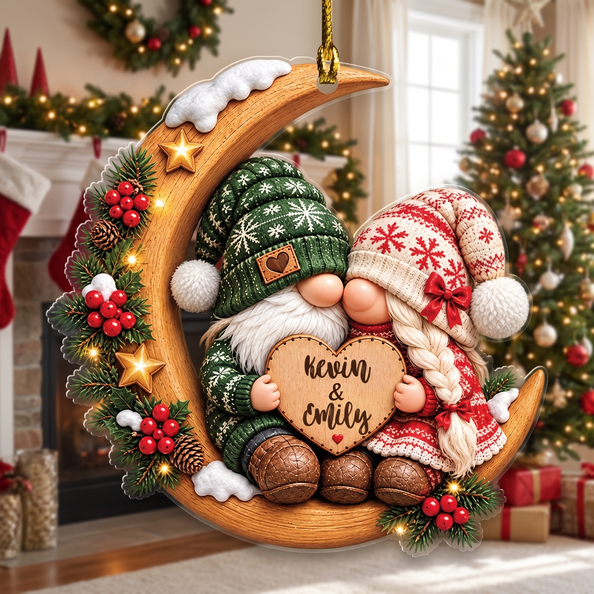 Personalized Gnome Couple Moon acrylic Christmas ornament, view 5