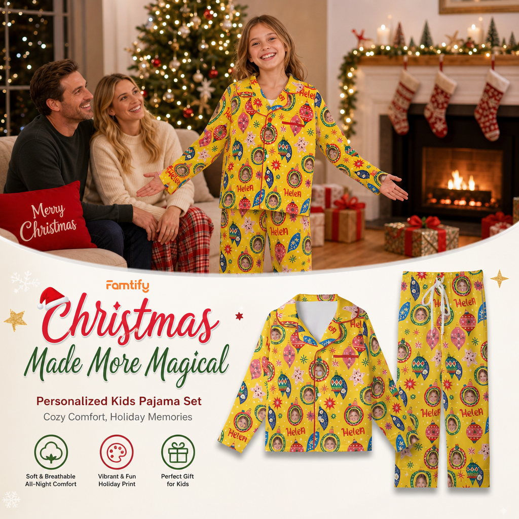 Custom face photo and name folk ornaments kid Christmas pajamas view 2