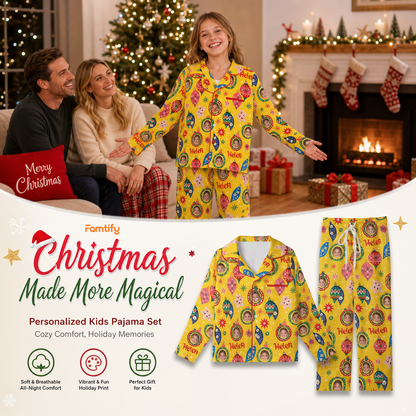 Custom face photo and name folk ornaments kid Christmas pajamas view 2