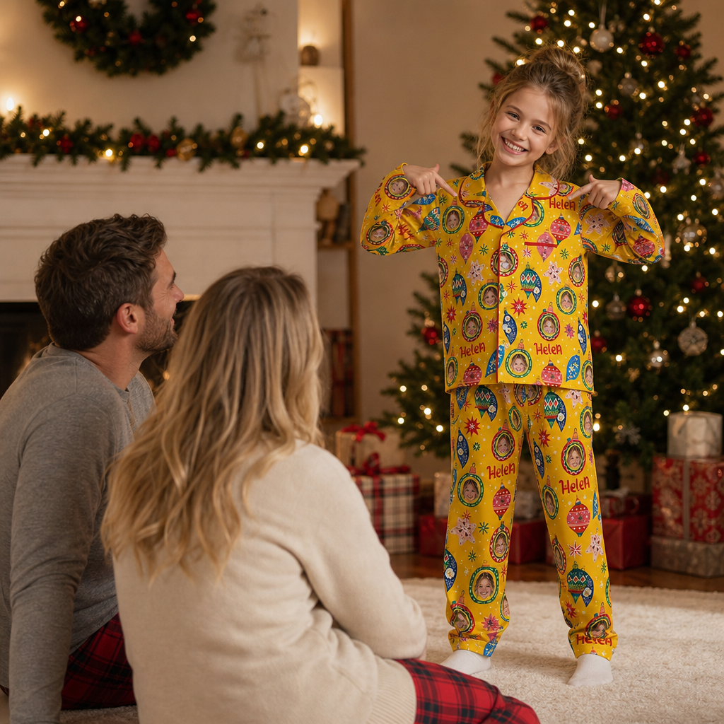 Custom face photo and name folk ornaments kid Christmas pajamas view 4