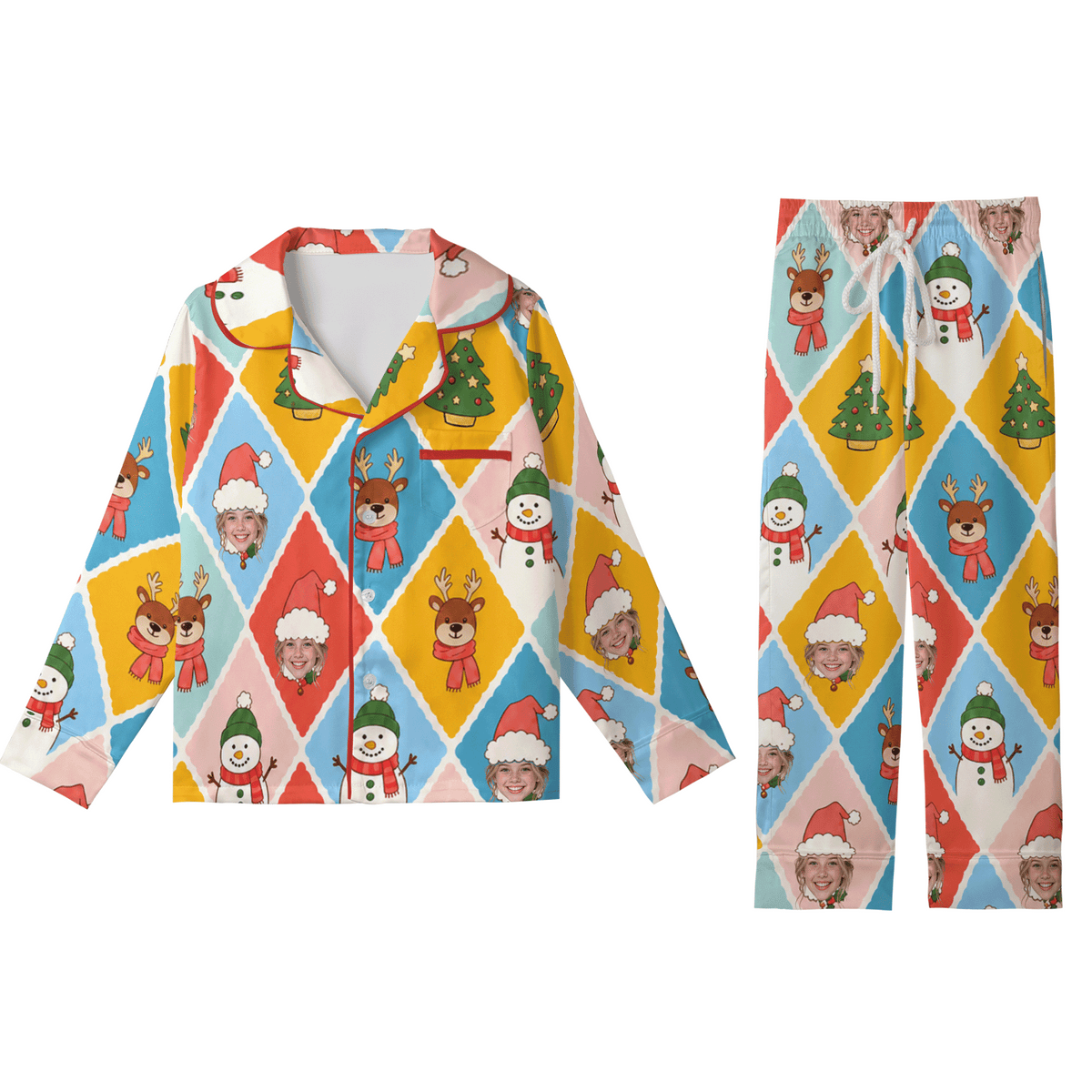 Custom face photo snowman reindeer harlequin kid Christmas pajamas set with button up top and pants