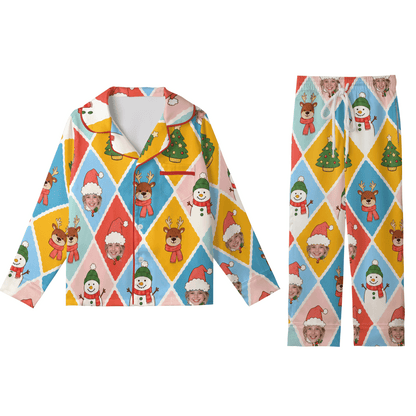 Custom face photo snowman reindeer harlequin kid Christmas pajamas set with button up top and pants