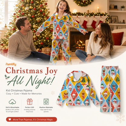 Custom face photo snowman reindeer harlequin kid Christmas pajamas view 2
