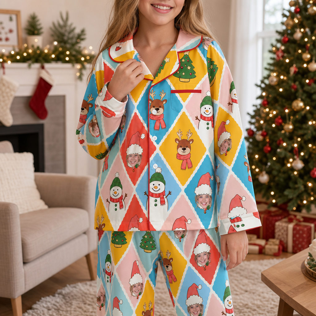 Custom face photo snowman reindeer harlequin kid Christmas pajamas view 3