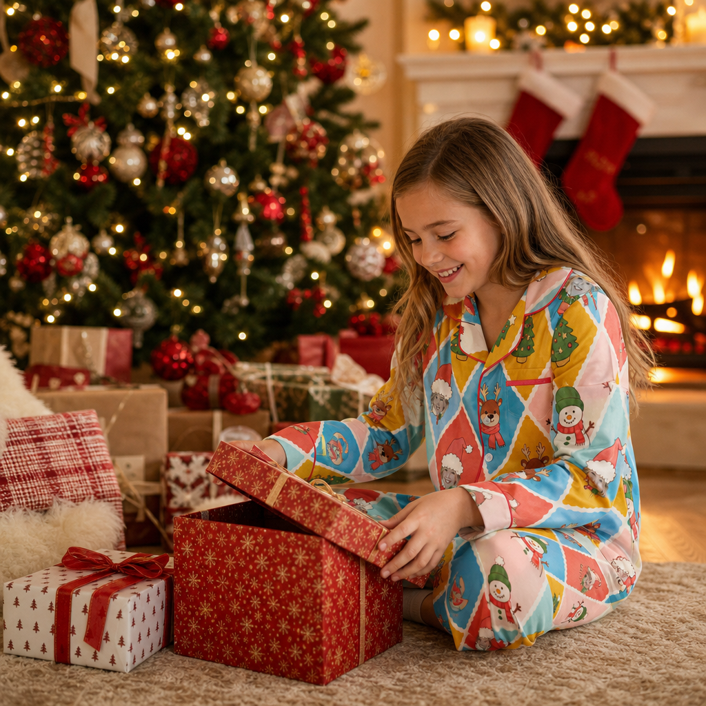 Custom face photo snowman reindeer harlequin kid Christmas pajamas view 6