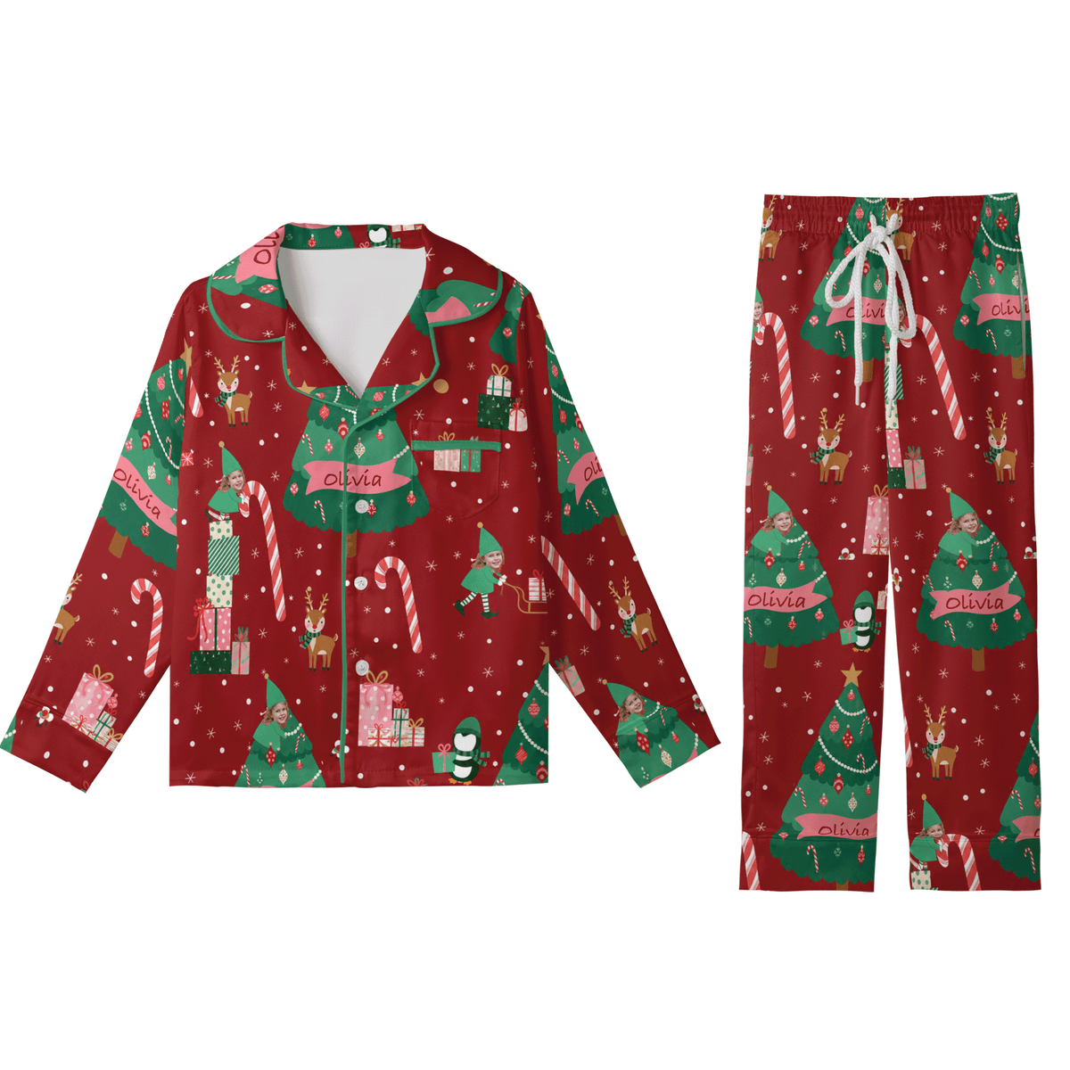Custom face photo and name elf Christmas tree kid pajamas set with button up top and pants