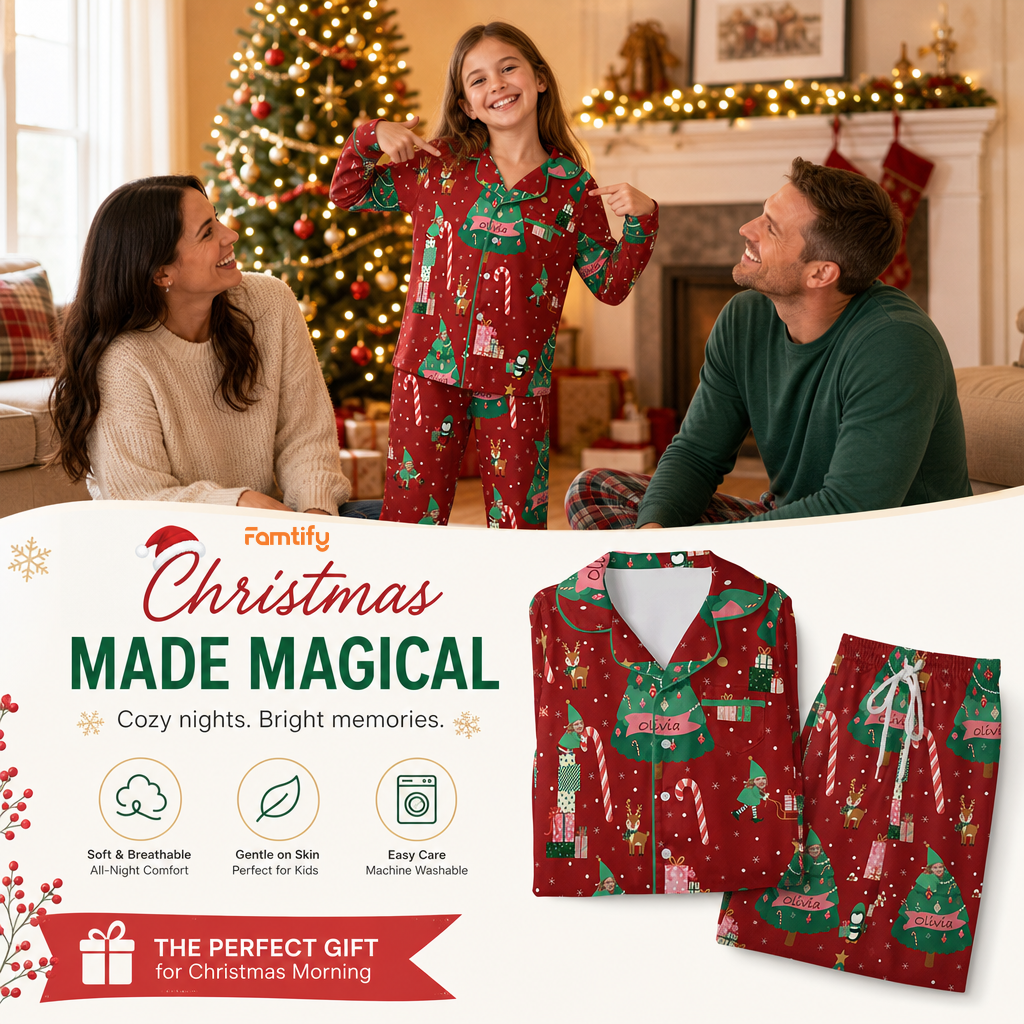 Custom face photo and name elf Christmas tree kid pajamas view 2