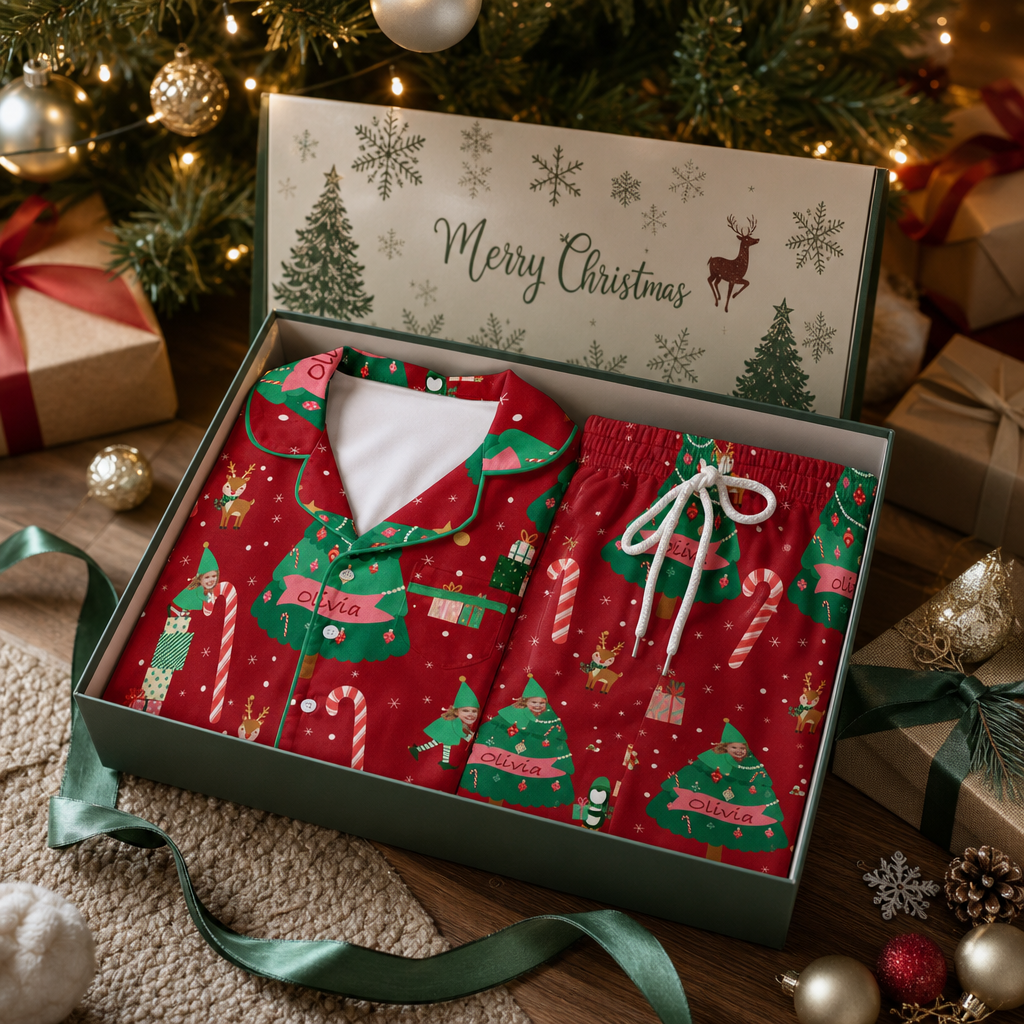 Custom face photo and name elf Christmas tree kid pajamas view 6