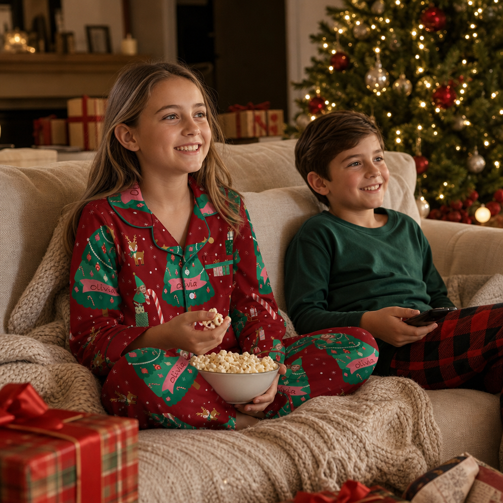 Custom face photo and name elf Christmas tree kid pajamas view 8