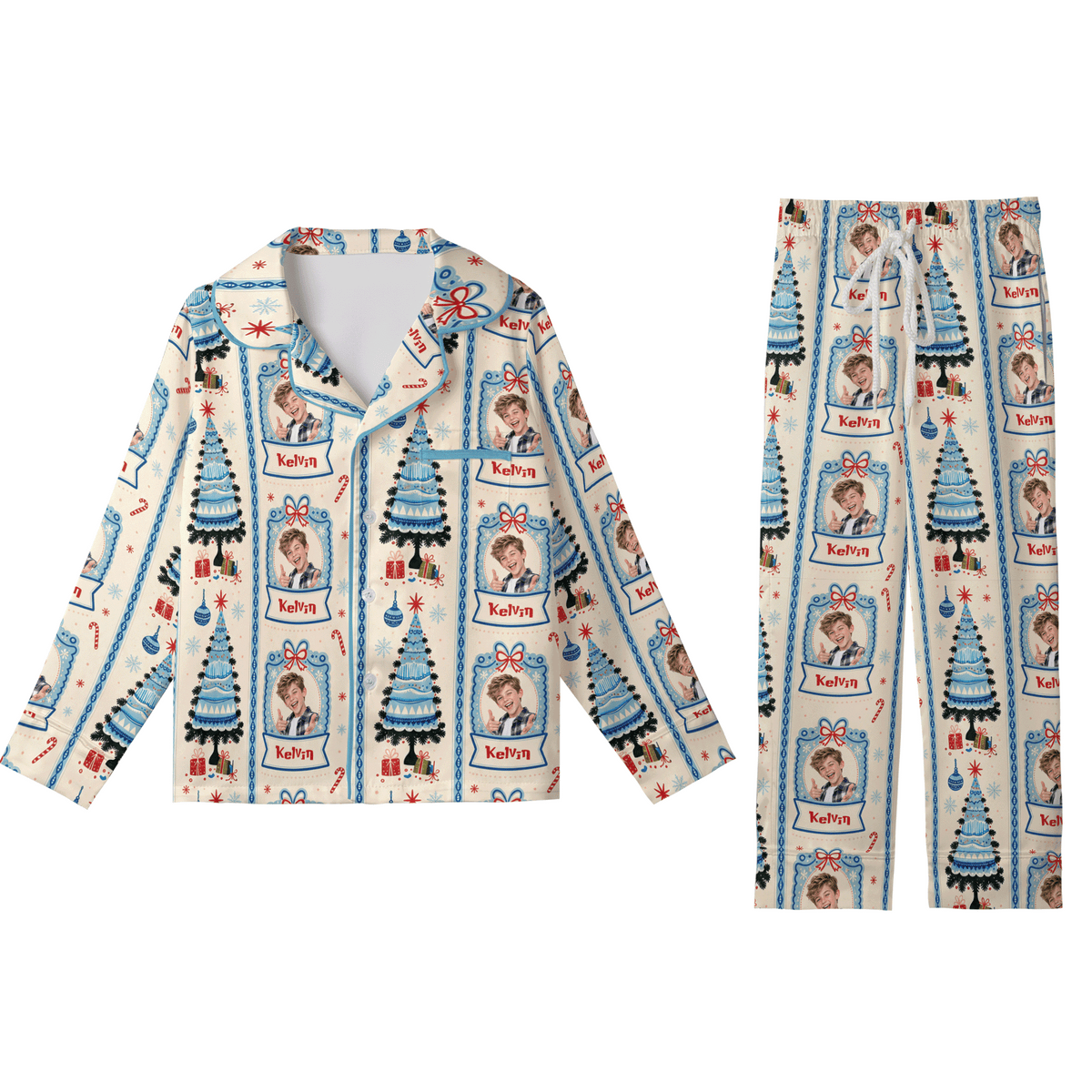 Custom photo and name snow globe frame kid Christmas pajamas set with button up top and pants