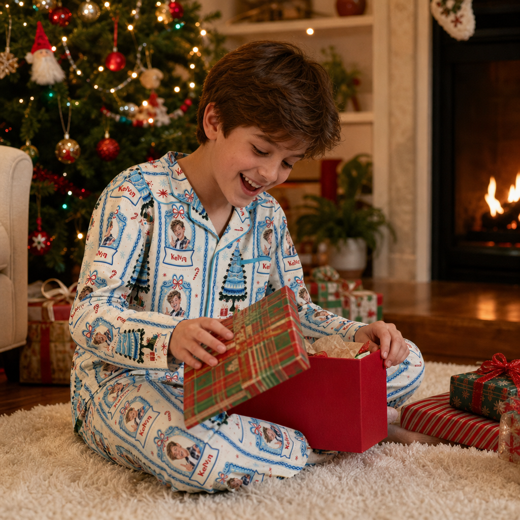 Custom photo and name snow globe frame kid Christmas pajamas view 4