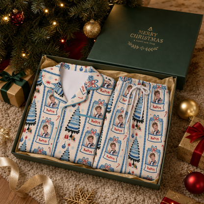 Custom photo and name snow globe frame kid Christmas pajamas view 6