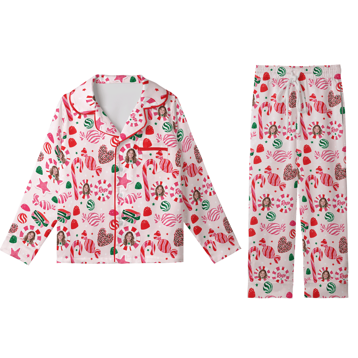 Custom face photo and name peppermint candy kid Christmas pajamas set with button up top and pants