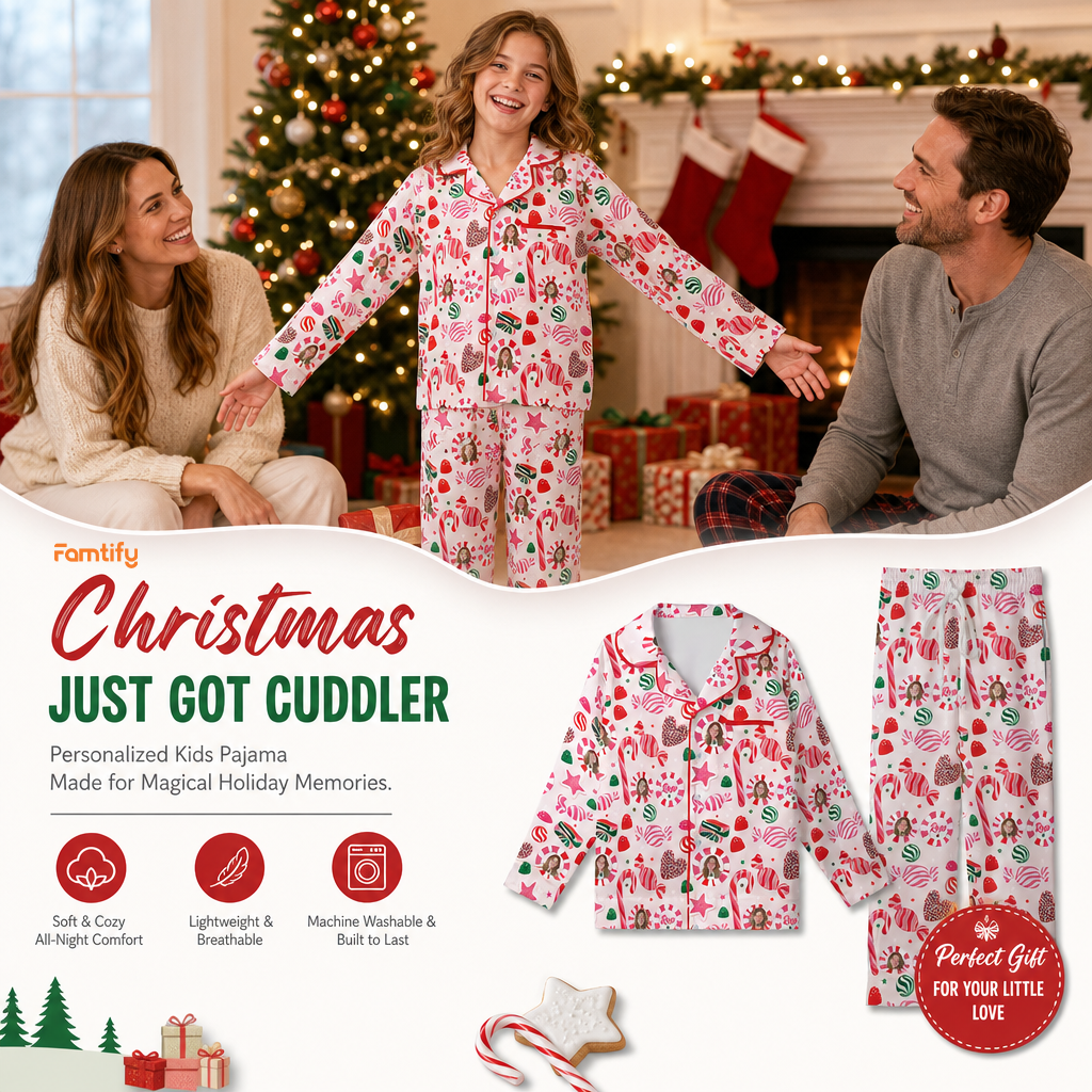 Custom face photo and name peppermint candy kid Christmas pajamas view 2