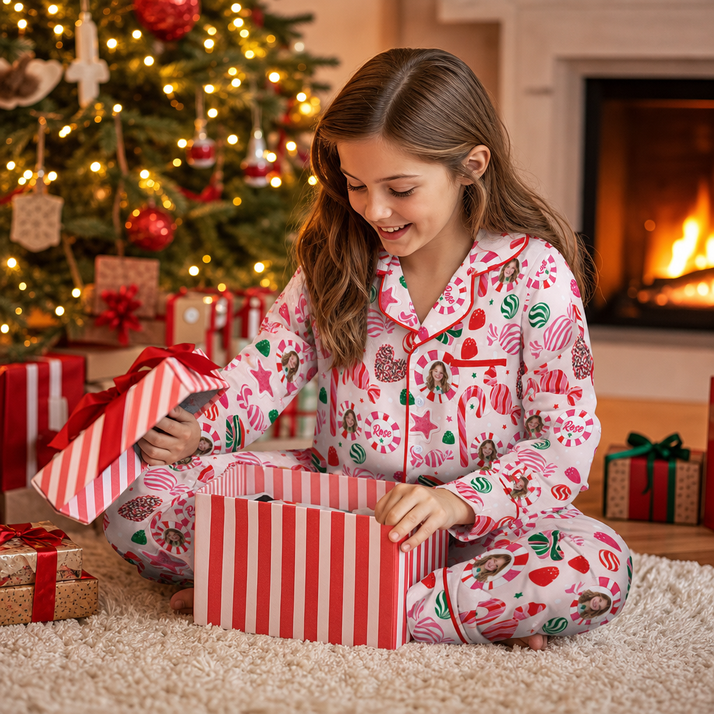 Custom face photo and name peppermint candy kid Christmas pajamas view 5