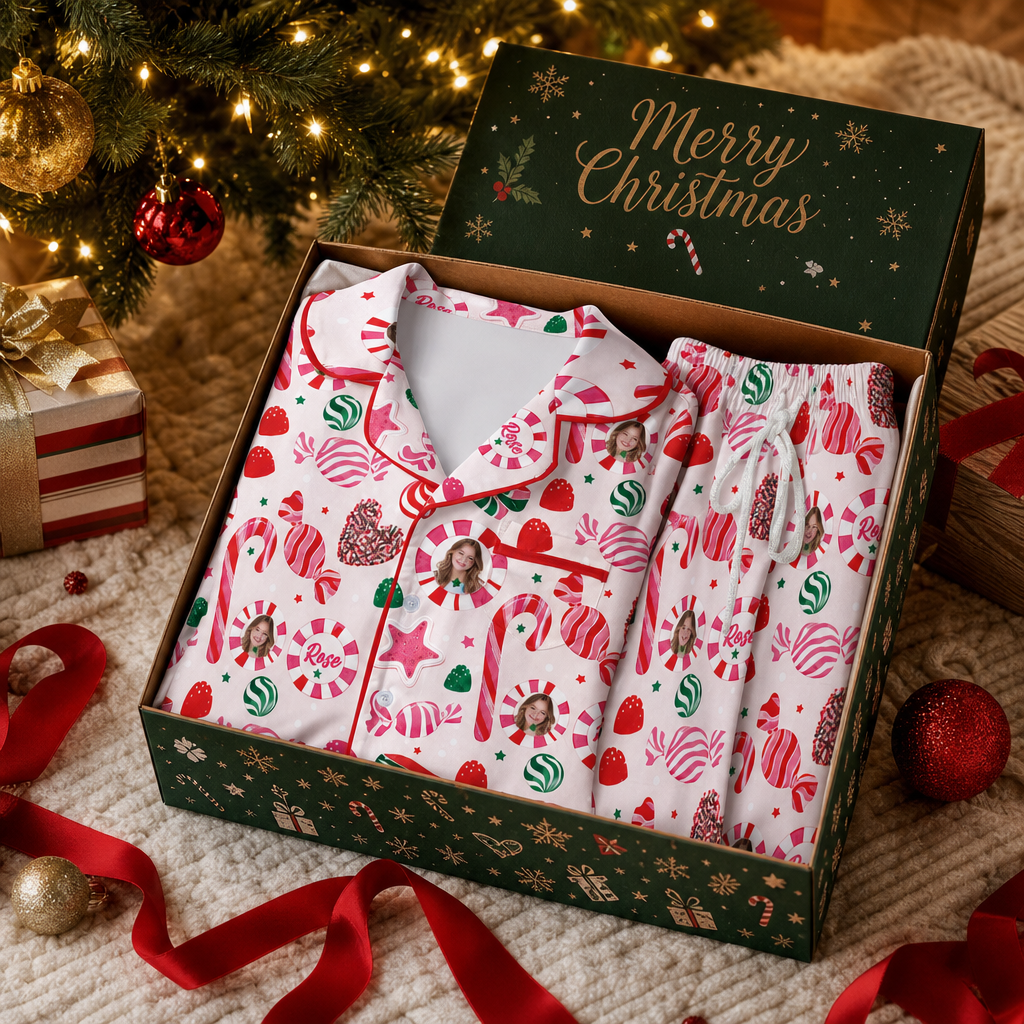 Custom face photo and name peppermint candy kid Christmas pajamas view 6