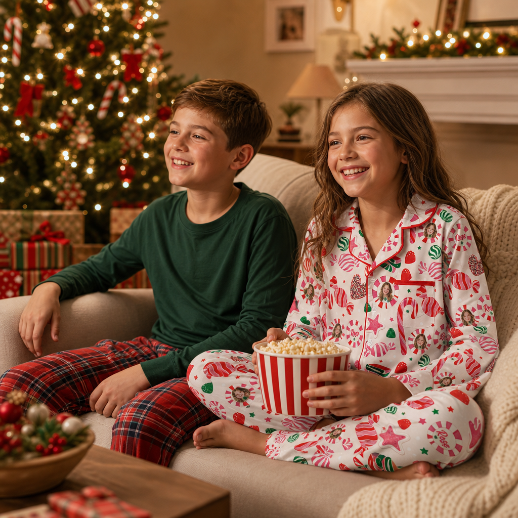 Custom face photo and name peppermint candy kid Christmas pajamas view 8