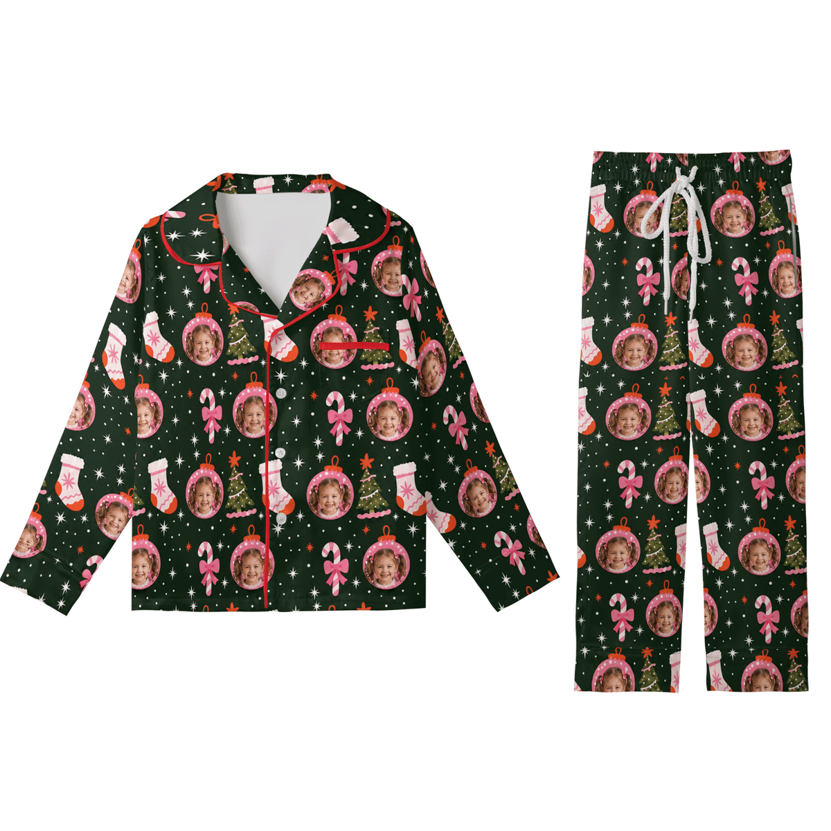 Custom face photo pink ornament stocking kid Christmas pajamas set with button up top and pants