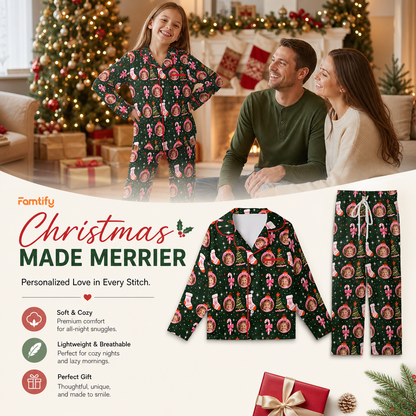 Custom face photo pink ornament stocking kid Christmas pajamas view 2