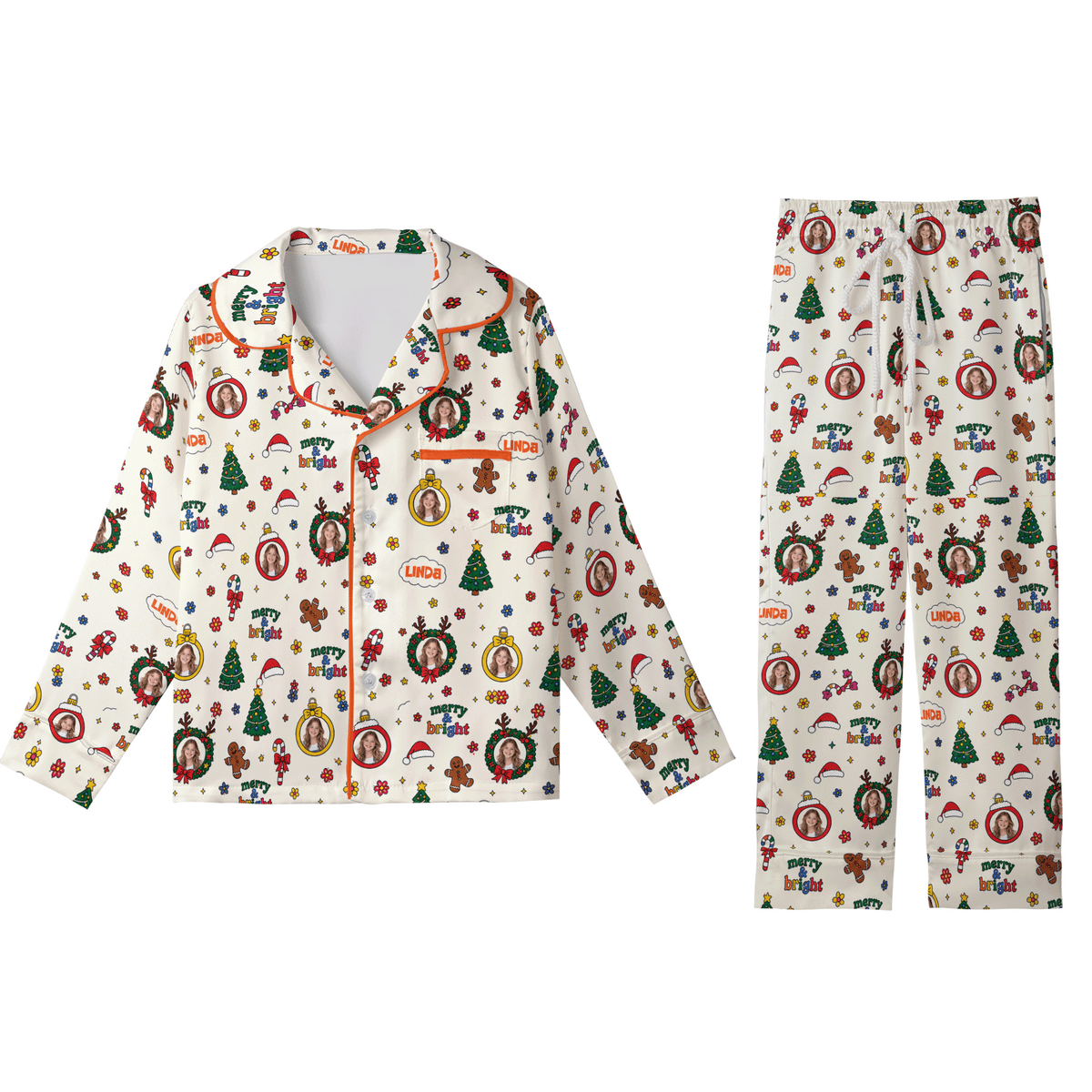 Custom face photo and name merry and bright Christmas wreath kid pajamas set with button up top and pants