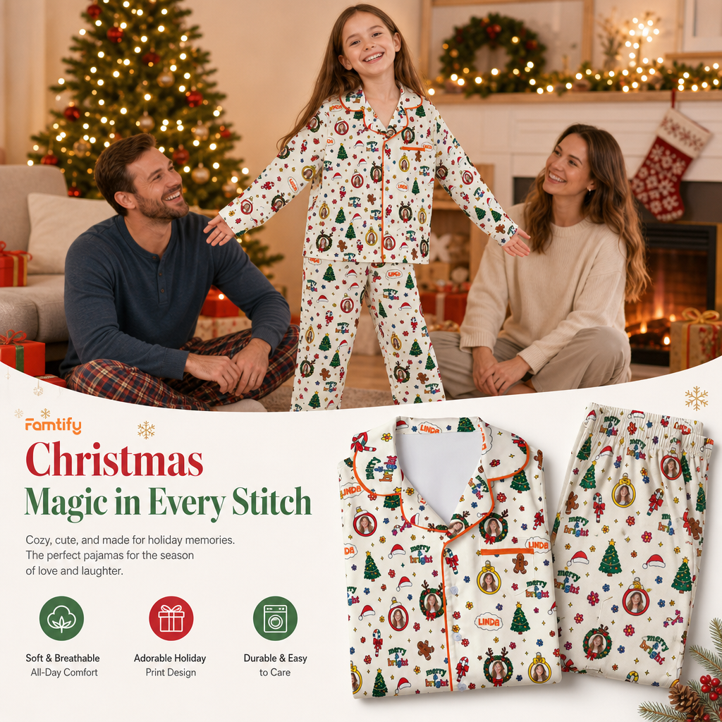 Custom face photo and name merry and bright Christmas kid pajamas view 2