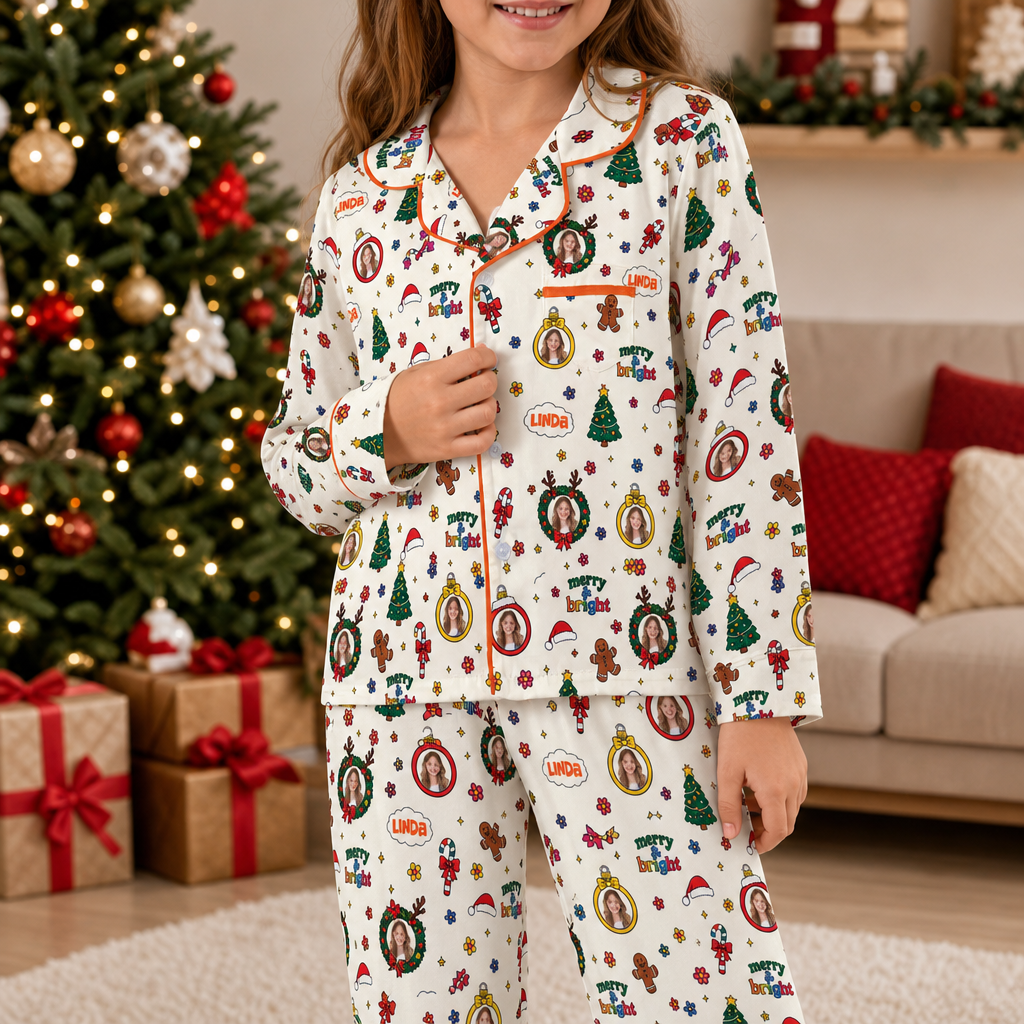 Custom face photo and name merry and bright Christmas kid pajamas view 3