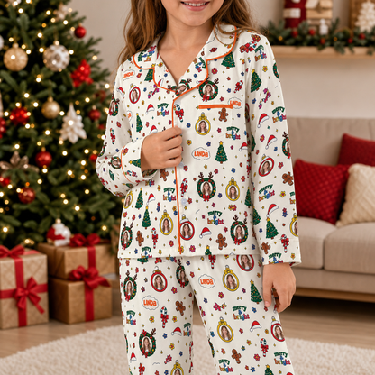 Custom face photo and name merry and bright Christmas kid pajamas view 3