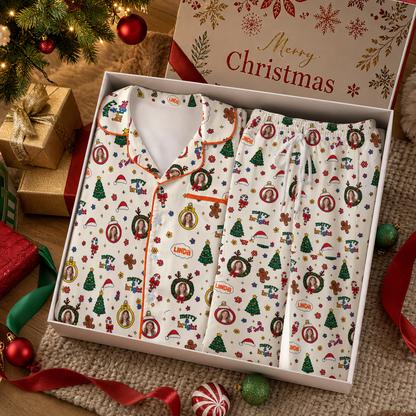 Custom face photo and name merry and bright Christmas kid pajamas view 4