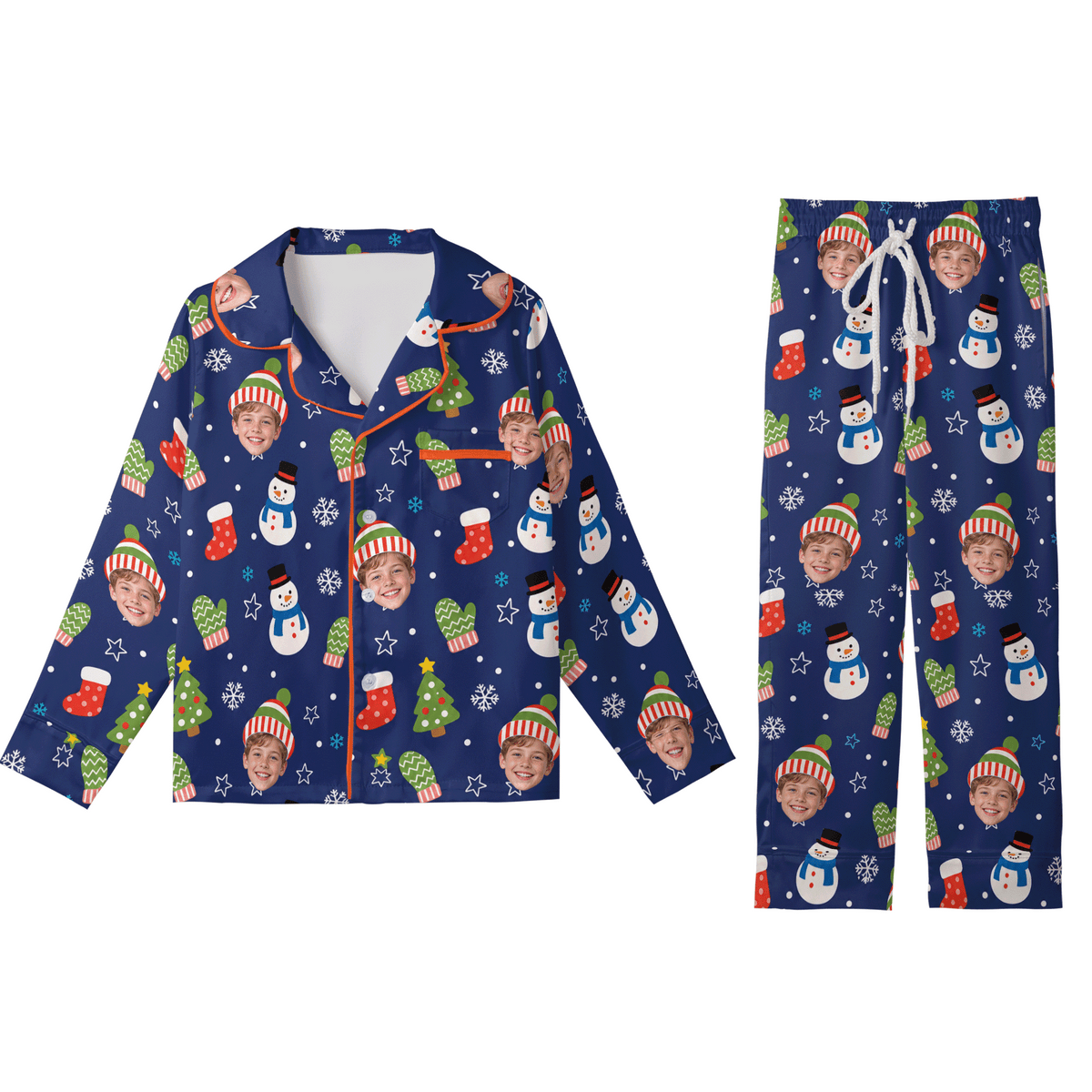 Custom face photo beanie snowman mitten kid Christmas pajamas set with button up top and pants
