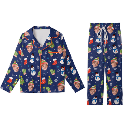 Custom face photo beanie snowman mitten kid Christmas pajamas set with button up top and pants