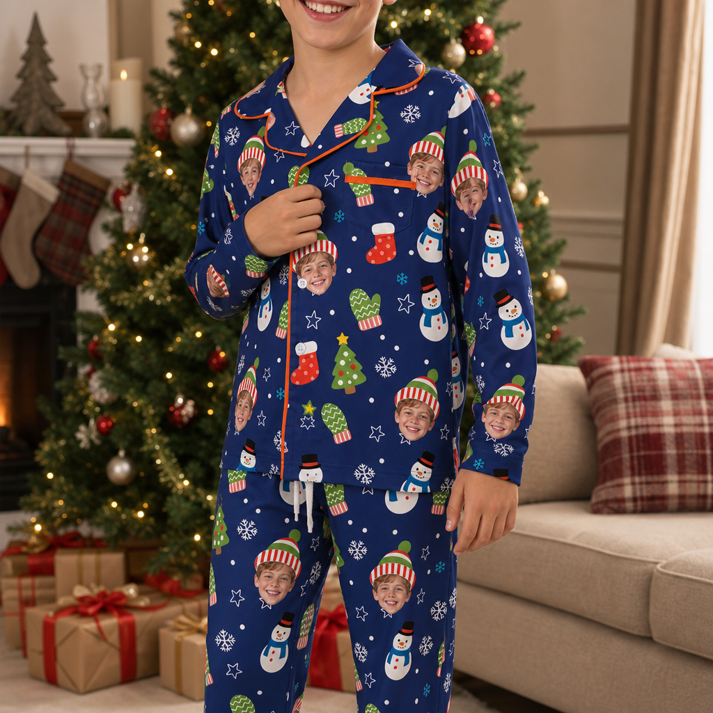 Custom face photo beanie snowman kid Christmas pajamas view 2