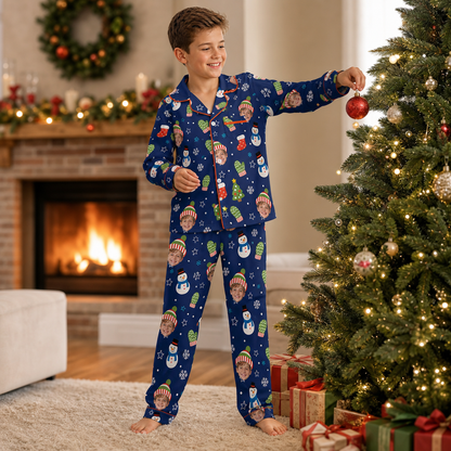 Custom face photo beanie snowman kid Christmas pajamas view 3