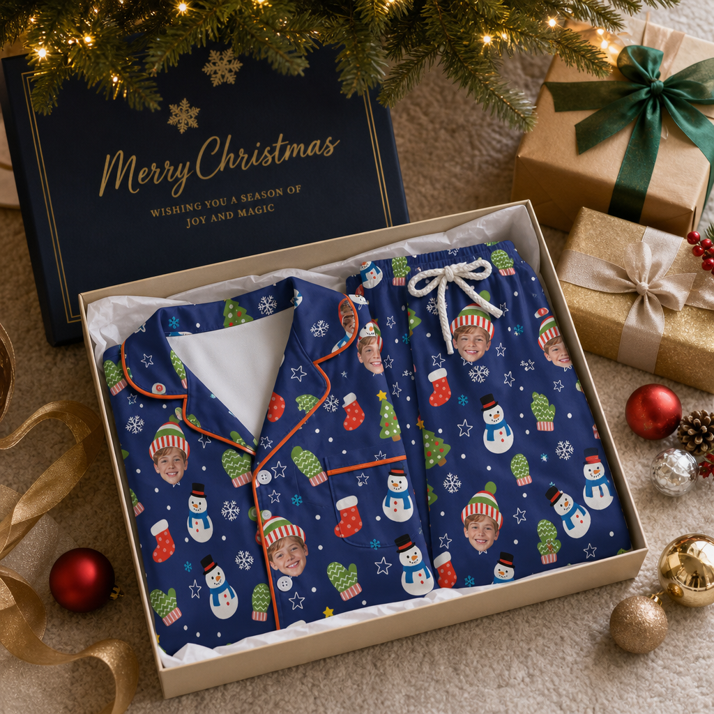 Custom face photo beanie snowman kid Christmas pajamas view 4