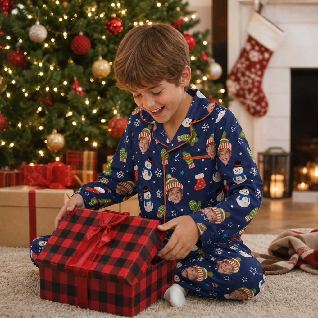 Custom face photo beanie snowman kid Christmas pajamas view 6