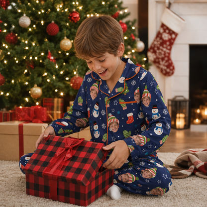 Custom face photo beanie snowman kid Christmas pajamas view 6