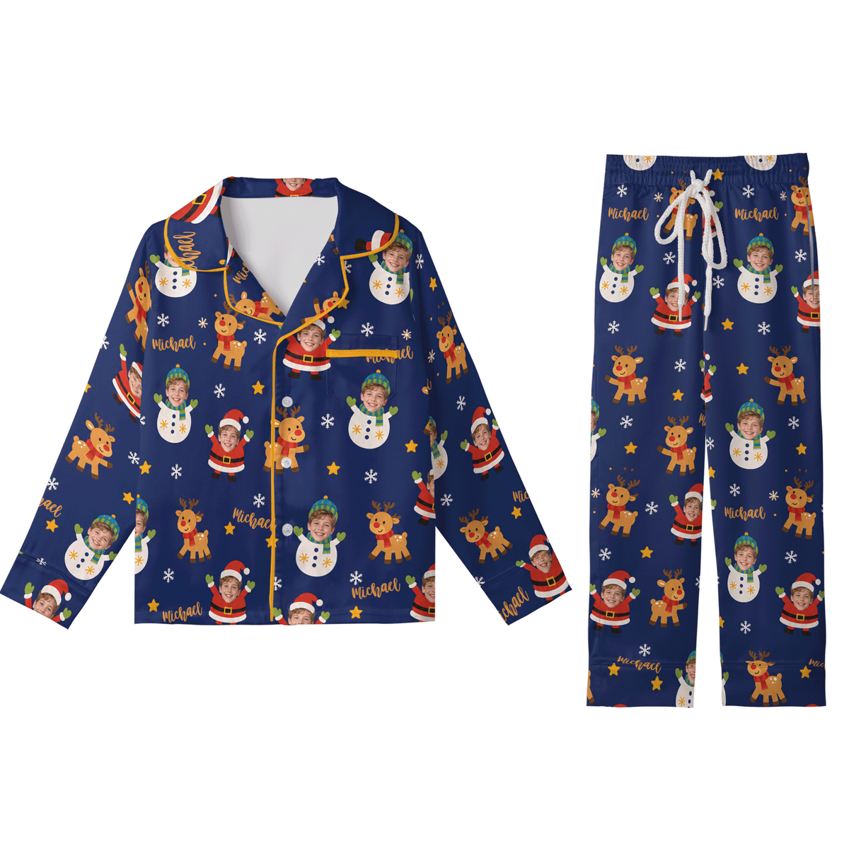 Custom face photo and name Santa snowman reindeer kid Christmas pajamas set with button up top and pants