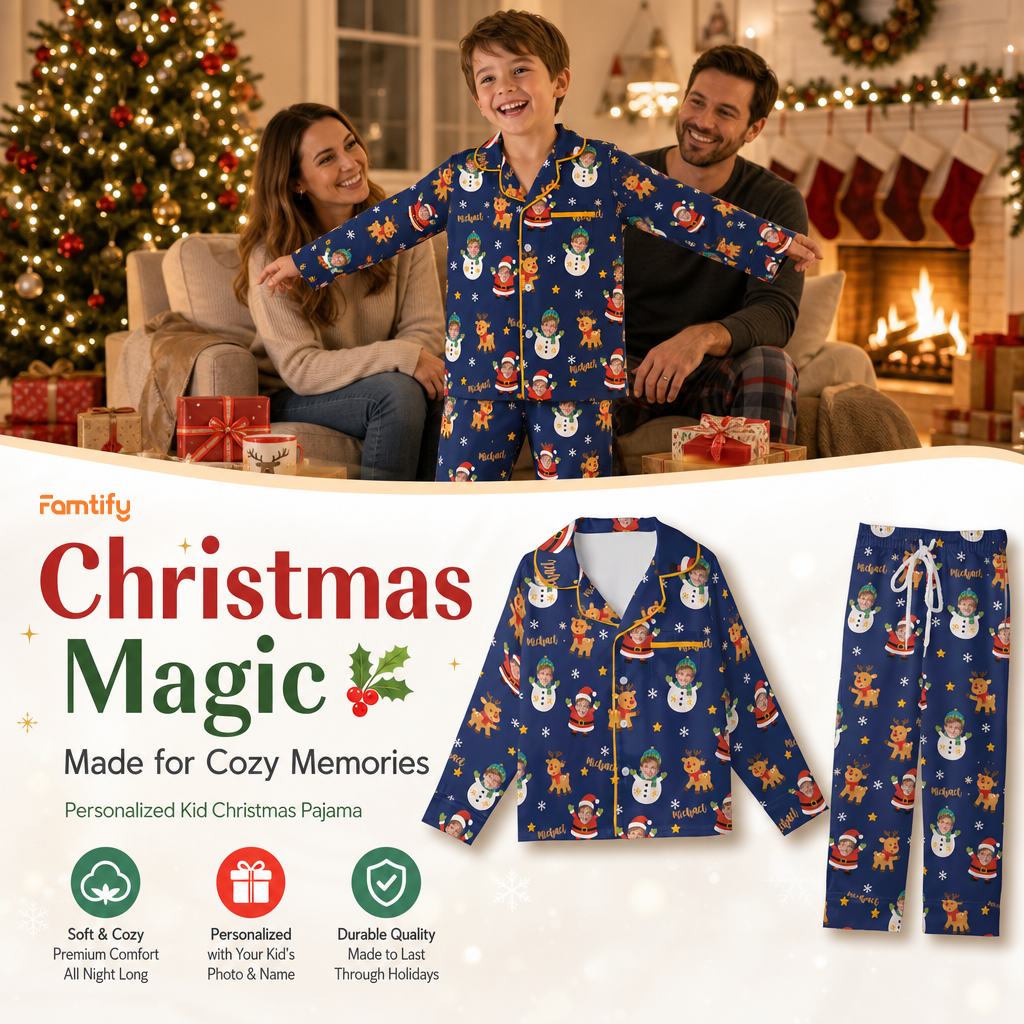 Custom face photo and name Santa snowman kid Christmas pajamas view 2