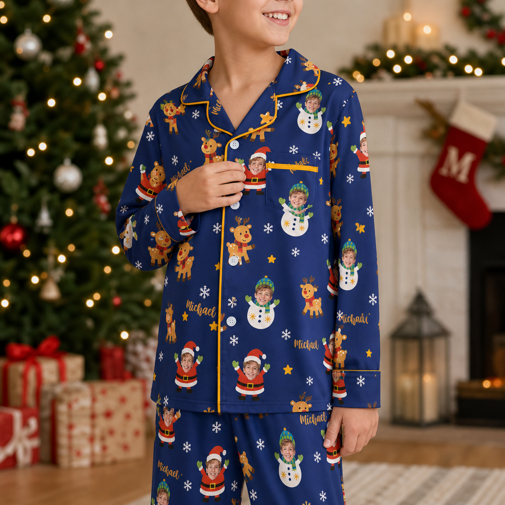 Custom face photo and name Santa snowman kid Christmas pajamas view 3