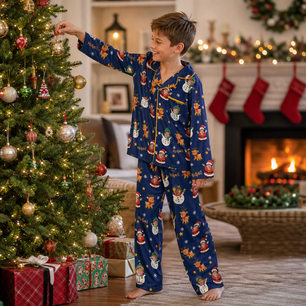 Custom face photo and name Santa snowman kid Christmas pajamas view 4