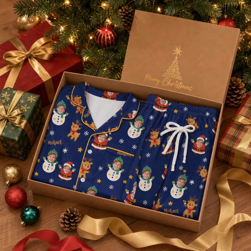 Custom face photo and name Santa snowman kid Christmas pajamas view 5
