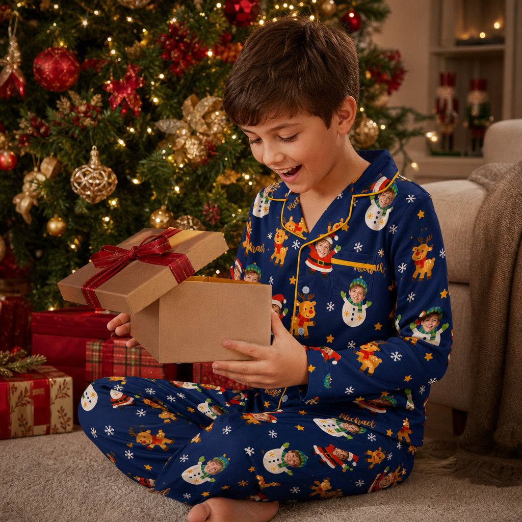 Custom face photo and name Santa snowman kid Christmas pajamas view 7